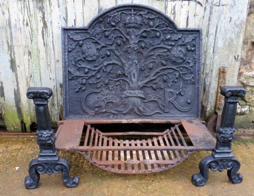 Large, Heavy Fire Back Andirons and Grate, Charles II