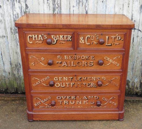 Victorian Mahogany Sign Painted Chest of Drawers, Cha’s Baker Gentleman’s Outfitter Shop Display