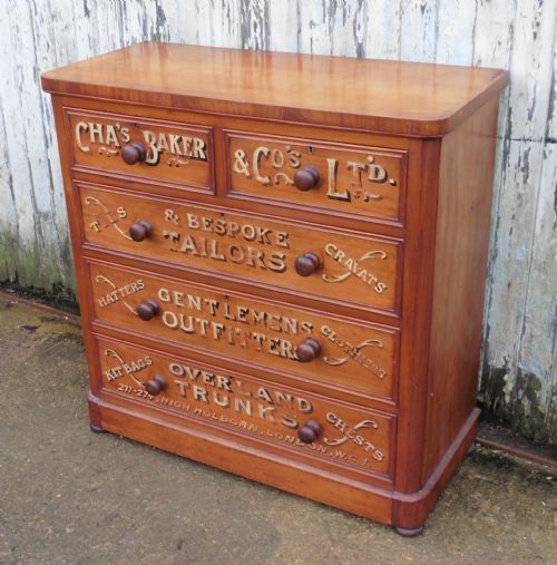 fig 1. Victorian Mahogany Sign Painted Chest of Drawers, Cha’s Baker Gentleman’s Outfitter Shop Display