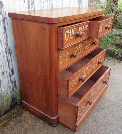 fig 2. Victorian Mahogany Sign Painted Chest of Drawers, Cha’s Baker Gentleman’s Outfitter Shop Display