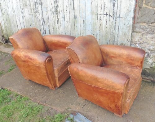 fig 1. A Pair of French Art Deco Shabby Leather Club Chairs