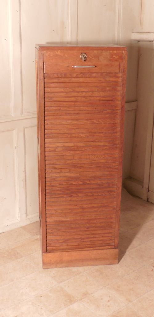 A French Tambour Fronted Oak Art Deco Filing Cabinet