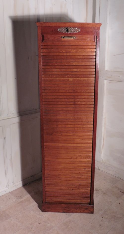 A French Tambour Fronted Oak Art Deco Filing Cabinet