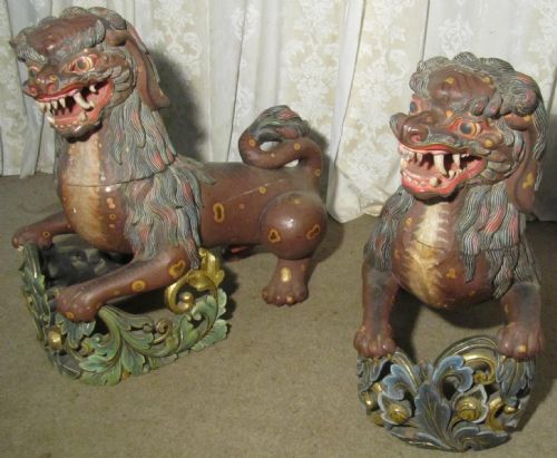 A Superb Large Pair of Carved Chinese Wooden Temple Lions or Fu (Foo)dogs