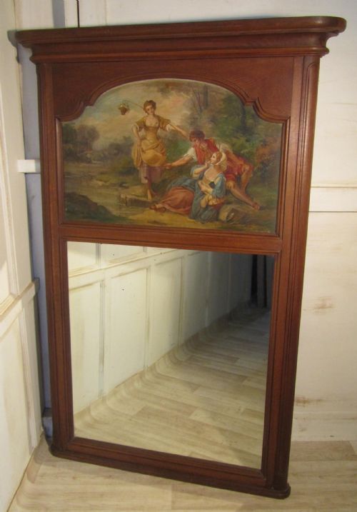 A Large 19th Century French Oak Trumeau Mirror, Oil on Canvas