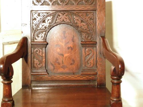 Early 18th Century Inlaid Oak Wainscot Chair.