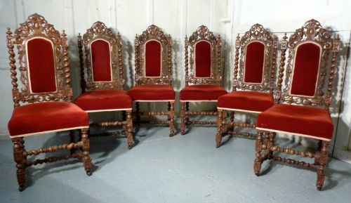 A Good Set of 6 Victorian Gothic Jacobean Style Oak Dining Chairs