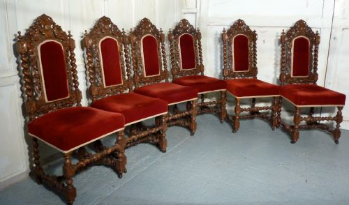 fig 1. A Good Set of 6 Victorian Gothic Jacobean Style Oak Dining Chairs