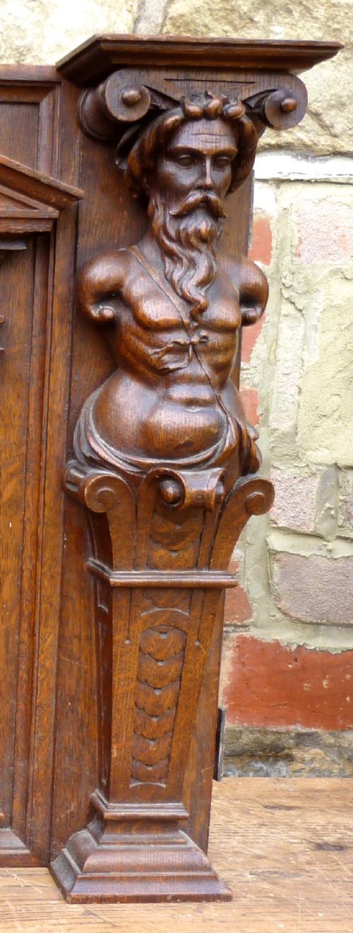 fig 1. Carved and Inlaid Oak Door Panel, with Caryatid Guardians