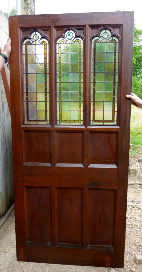 Large Victorian Pitch Pine Door with Stained Glass Panels, Room Divider Partition