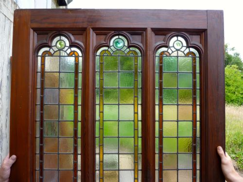 fig 2. Large Victorian Pitch Pine Door with stained Glass Panels, Room Divider Partition