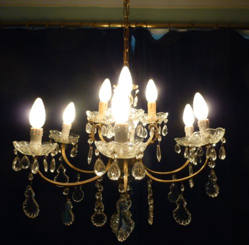 Large French Cut Glass 9 Lamp Brass Chandelier
