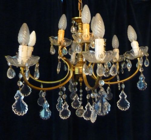 fig 1. Large French Cut Glass 9 Lamp Brass Chandelier