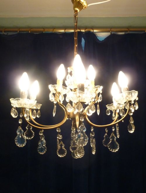 fig 3. Large French Cut Glass 9 Lamp Brass Chandelier