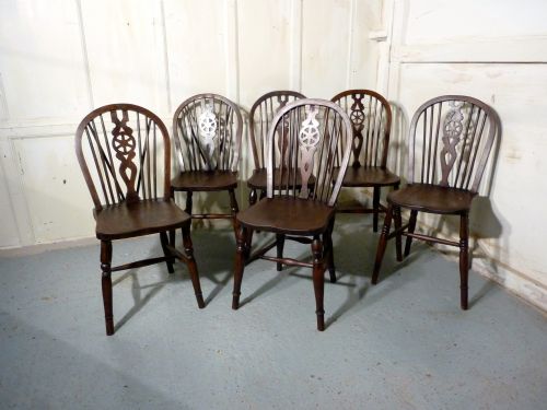 fig 2. A Harlequin Set of 6 Victorian Beech & Elm Wheel Back Windsor Kitchen Dining Chairs