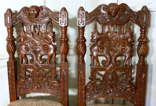 fig 1. A pair of Welsh Gothic Carved Oak Hall Chairs