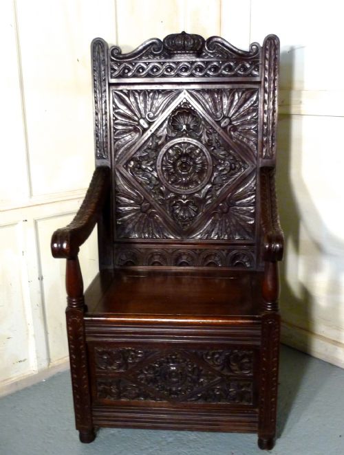 High Back Oak Box Settle Wainscot, Throne Hall Chair