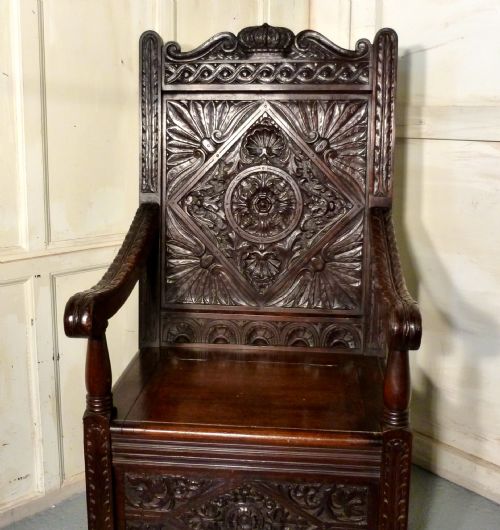 fig 1. High Back Oak Box Settle Wainscot, Throne Hall Chair