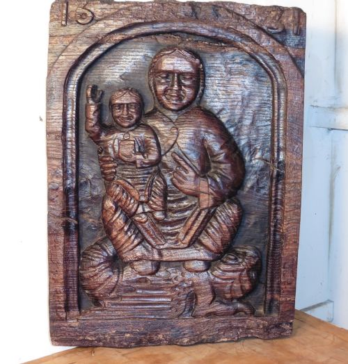 17th Century Primitive  Religious  Carving Oak Panel 1631