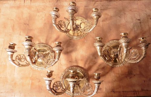 Set of 4 Gothic Brass Wall Lights, 3 Branch Candle Sconces