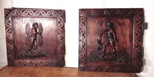 Pair of Superbly Carved Oak Door Panels, Thor and Neptune