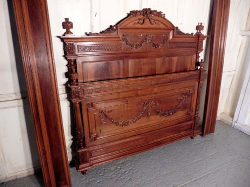 French Carved Walnut Double Bed, with Night Table