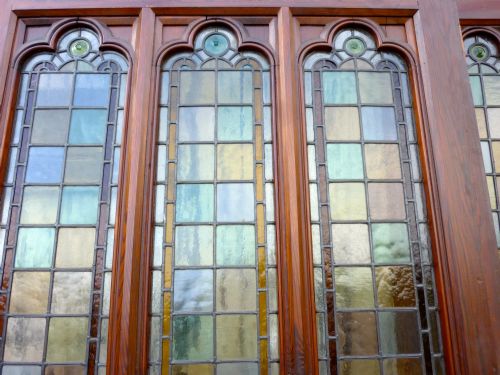 fig 1. Large Victorian Pitch Pine Door with stained Glass Panels,