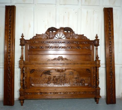 French Carved Golden Oak Marriage Double Bed, Kingsize Bed
