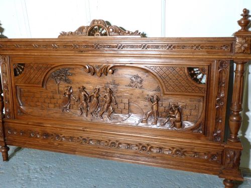 fig 1. French Carved Golden Oak Marriage Double Bed, Kingsize Bed