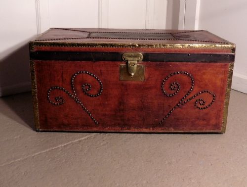 Large French Leather and Brass Bound Trunk