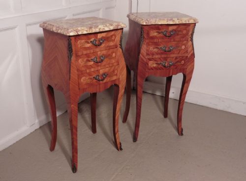 fig 1. A Pair of Inlaid French Marquetry and Marble Bombe Shaped Bedside Cupboards