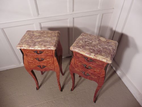 fig 2. A Pair of Inlaid French Marquetry and Marble Bombe Shaped Bedside Cupboards