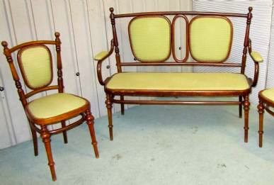 A Victorian Upholstered Bent Wood Settee and 2 Single Chairs