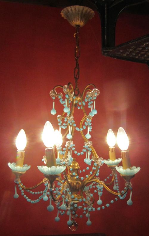 A Charming French Turquoise Cut Glass and Brass 5 Branch Chandelier
