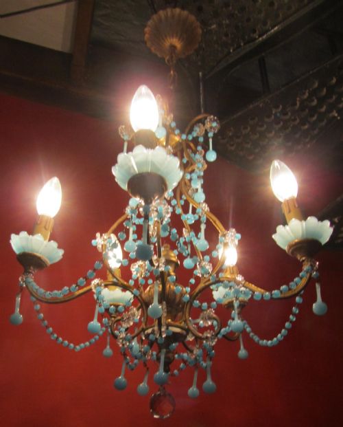 fig 1. A Charming French Turquoise Cut Glass and Brass 5 Branch Chandelier