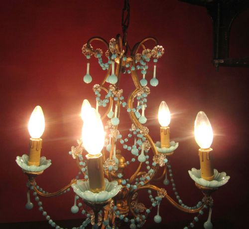 fig 2. A Charming French Turquoise Cut Glass and Brass 5 Branch Chandelier