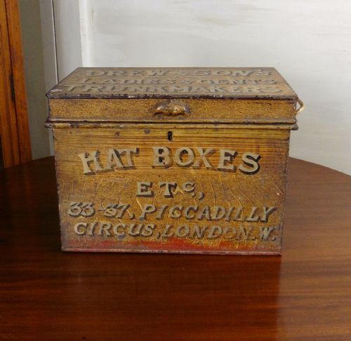 fig 1. Victorian Painted Tin Hat Box, Drew and Sons Trunk Makers