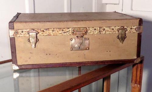 French Moynat Leather and Brass Bound Canvas Steamer Trunk