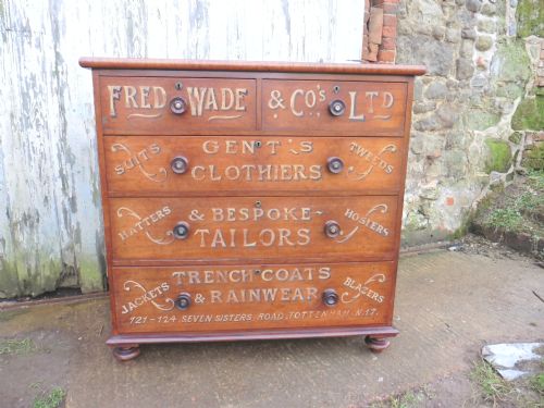 Large Victorian Mahogany Sign Painted Chest of Drawers, Fred Wade Gentleman’s Outfitter Shop Display