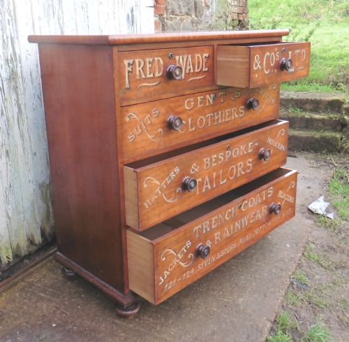 fig 1. Large Victorian Mahogany Sign Painted Chest of Drawers, Fred Wade Gentleman’s Outfitter Shop Display