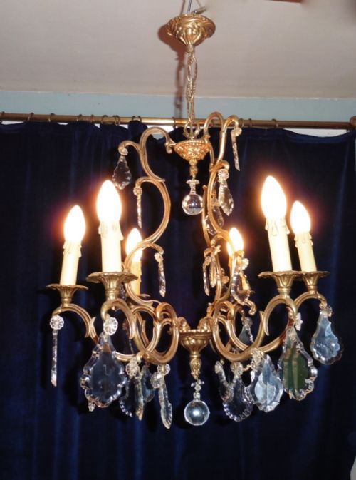 A Charming French Cut Glass 6 Branch Brass Chandelier