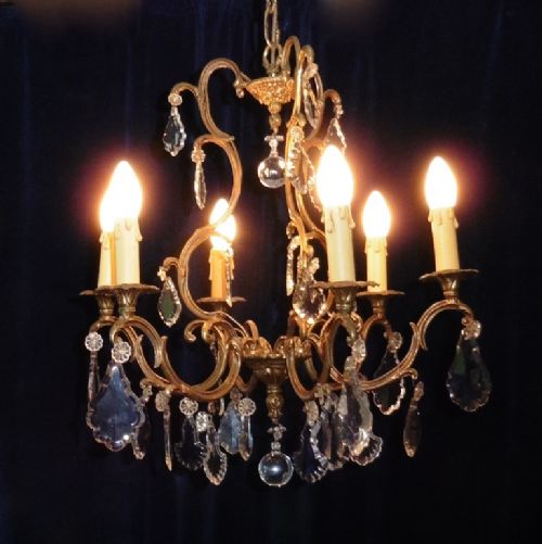 fig 2. A Charming French Cut Glass 6 Branch Brass Chandelier