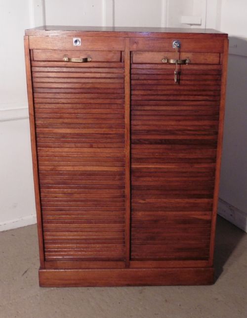 French Tambour Double Fronted Oak Art Deco Filing Cabinet