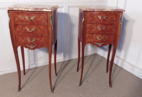A Pair of Inlaid French Marquetry and Marble Bedside Cupboards