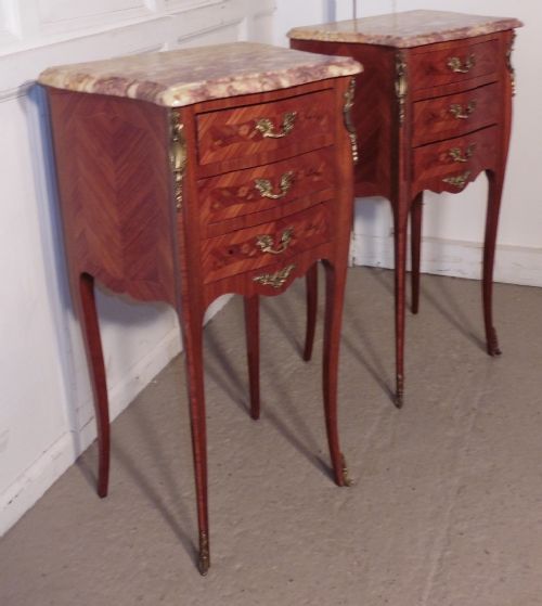 fig 1. A Pair of Inlaid French Marquetry and Marble Bedside Cupboards