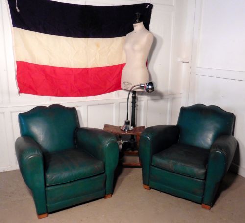 A Pair of French Art Deco Leather Club Chairs in Green