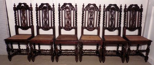 A Good Set of 6 Victorian Gothic Jacobean Style Oak Dining Chairs