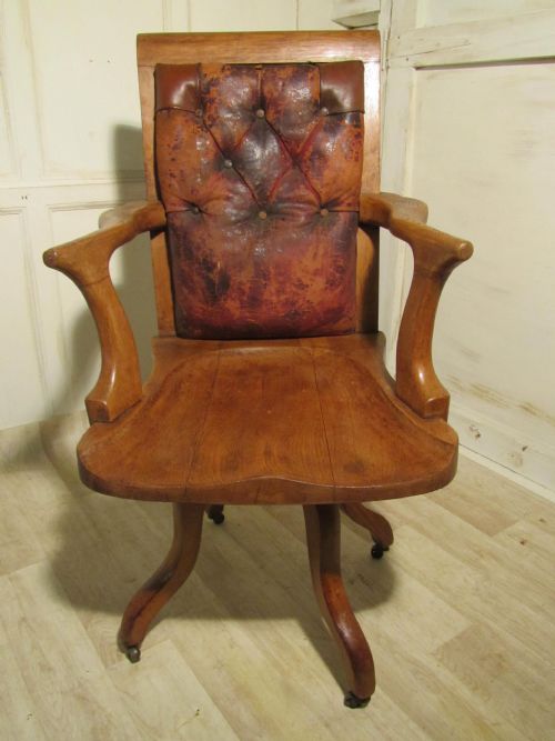 A Large Shabby Oak and Leather, Office Chair or Desk Chair