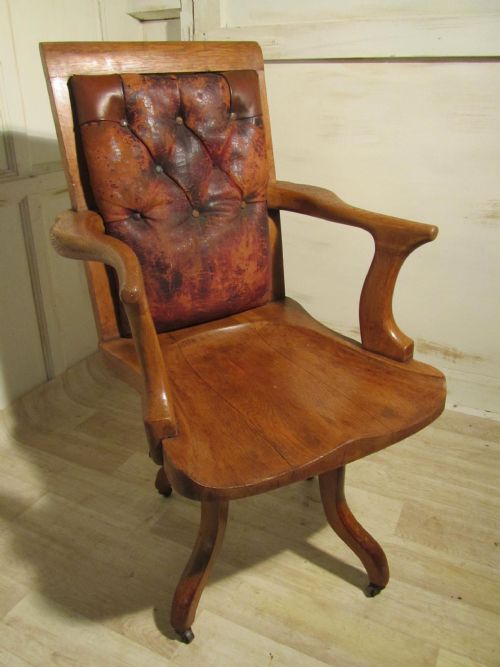 fig 1. A Large Shabby Oak and Leather, Office Chair or Desk Chair 