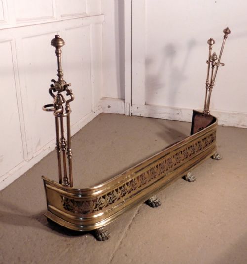 Victorian Pierced Brass Fender  with Fire Irons